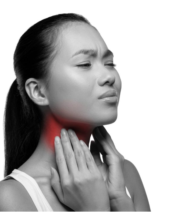 Model photo — woman holding her neck, hypothyroidism symptoms