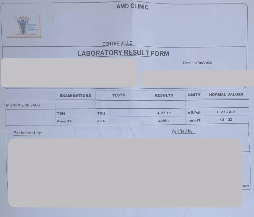 Follow-up thyroid function blood test after RFA, with TSH back within the normal range (patient details redacted; shared with written consent)